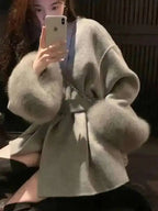 UCXQ Elegant OL Office Lady Overcoats Fur Patchwork Long Sleeve Woolen Coat Beautiful Women's Clothing Jacket Autumn 2025 Winter