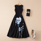 European and American women's clothing 2024 summer new Round neck Sleeveless flower print fashion Pleated dress