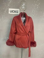 UCXQ Elegant OL Office Lady Overcoats Fur Patchwork Long Sleeve Woolen Coat Beautiful Women's Clothing Jacket Autumn 2025 Winter