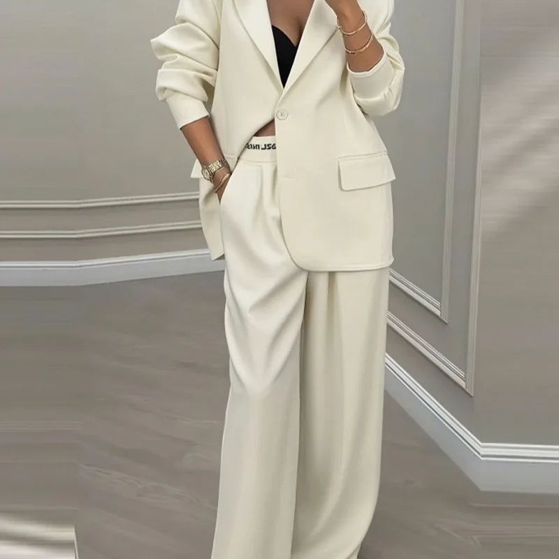 Elegant Long Sleeve Outerwear Wide Leg Pants Suit Set Fashionable Autumn Winter Women's Clothing Commute Style Polyester Fabric