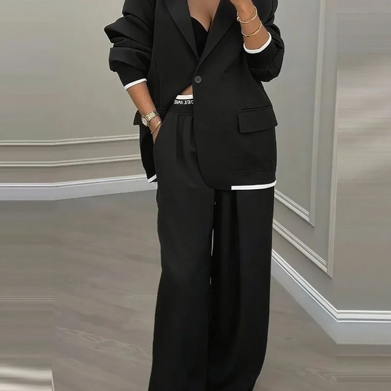 Elegant Long Sleeve Outerwear Wide Leg Pants Suit Set Fashionable Autumn Winter Women's Clothing Commute Style Polyester Fabric