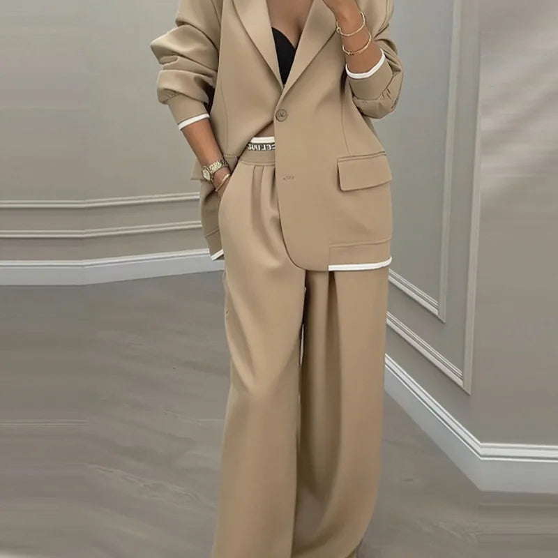 Elegant Long Sleeve Outerwear Wide Leg Pants Suit Set Fashionable Autumn Winter Women's Clothing Commute Style Polyester Fabric