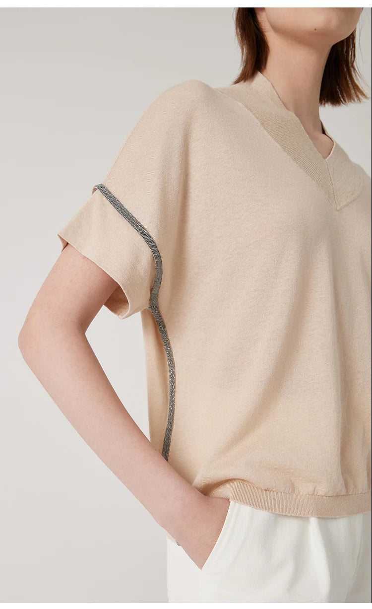 BY4511177 Boutique Luxury Brand Women's Clothing Summer Sequin V Neck Knitted Pullover Linen Silk Sweaters