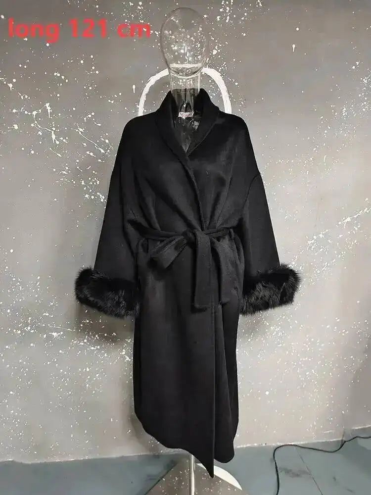 UCXQ Elegant OL Office Lady Overcoats Fur Patchwork Long Sleeve Woolen Coat Beautiful Women's Clothing Jacket Autumn 2025 Winter