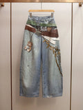 High-end women's clothing spring new locomotive style Spice Girl design sense printing A word high waist jeans women