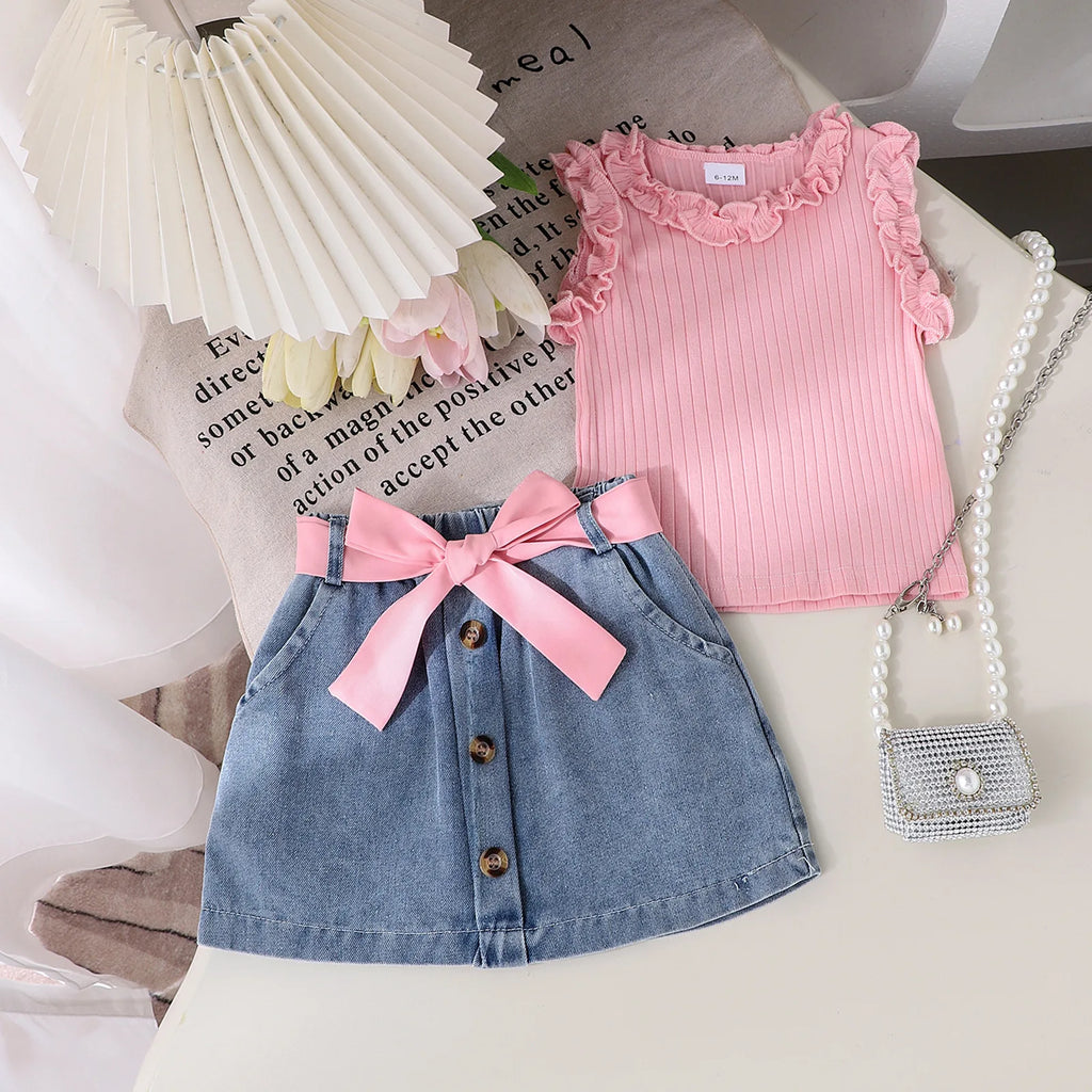 2026 Summer Korea Style Children's Clothing Sets Girls Casual Tops +Skirt Two Piece Kids Fashion Outfits Holiday Baby Clothing