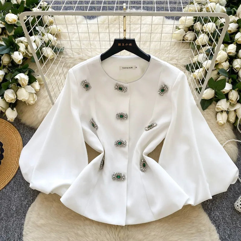 Women's Clothing Temperament Jackets Heavy Diamond O-neck Lantern Sleeve Coats Tops 2025 Ropa Mujer Slim Waist Chic Outerwear