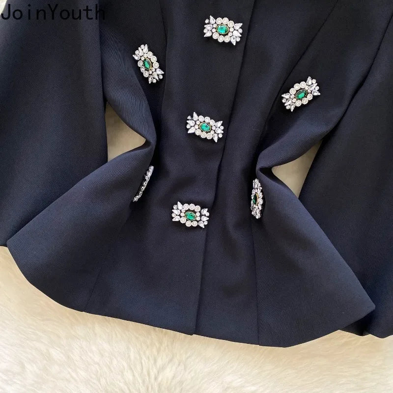 Women's Clothing Temperament Jackets Heavy Diamond O-neck Lantern Sleeve Coats Tops 2025 Ropa Mujer Slim Waist Chic Outerwear