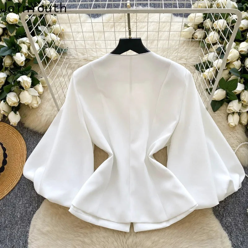 Women's Clothing Temperament Jackets Heavy Diamond O-neck Lantern Sleeve Coats Tops 2025 Ropa Mujer Slim Waist Chic Outerwear