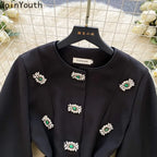 Women's Clothing Temperament Jackets Heavy Diamond O-neck Lantern Sleeve Coats Tops 2025 Ropa Mujer Slim Waist Chic Outerwear