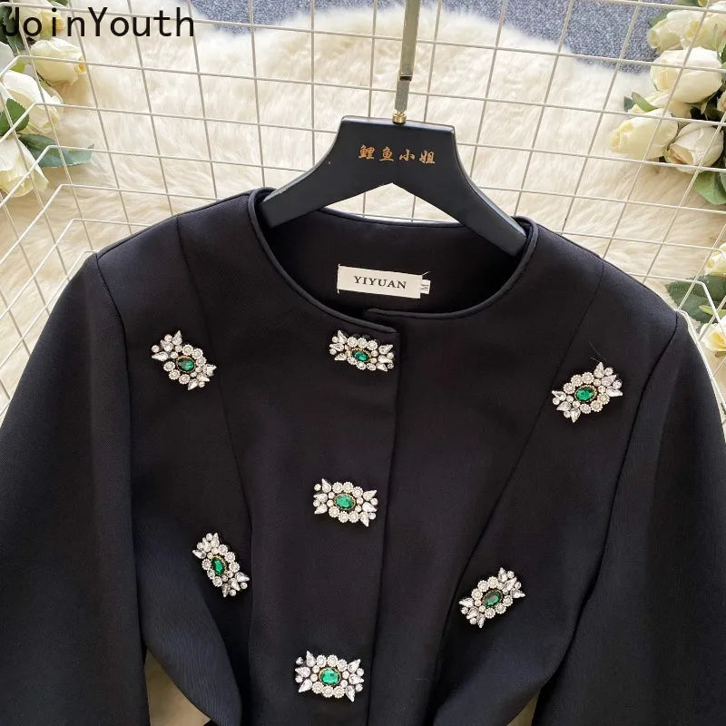 Women's Clothing Temperament Jackets Heavy Diamond O-neck Lantern Sleeve Coats Tops 2025 Ropa Mujer Slim Waist Chic Outerwear