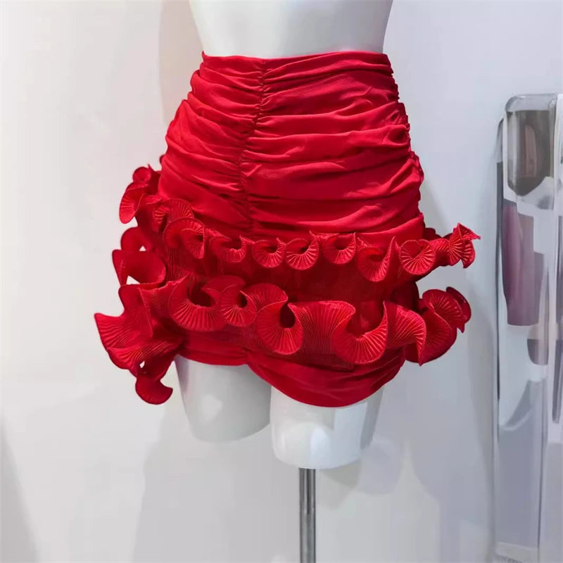 Summer Three-Dimensional Flower Skirt Sexy Asymmetrical Ruffled High Waist Pleated Hip Skirt Black Red White Women's Clothing
