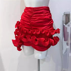 Summer Three-Dimensional Flower Skirt Sexy Asymmetrical Ruffled High Waist Pleated Hip Skirt Black Red White Women's Clothing