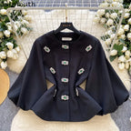 Women's Clothing Temperament Jackets Heavy Diamond O-neck Lantern Sleeve Coats Tops 2025 Ropa Mujer Slim Waist Chic Outerwear