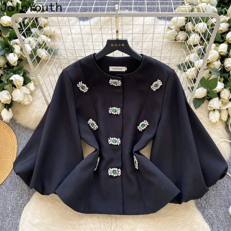 Women's Clothing Temperament Jackets Heavy Diamond O-neck Lantern Sleeve Coats Tops 2025 Ropa Mujer Slim Waist Chic Outerwear