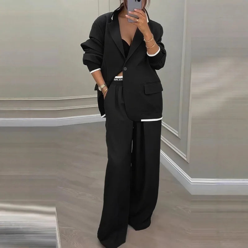 Elegant Long Sleeve Outerwear Wide Leg Pants Suit Set Fashionable Autumn Winter Women's Clothing Commute Style Polyester Fabric