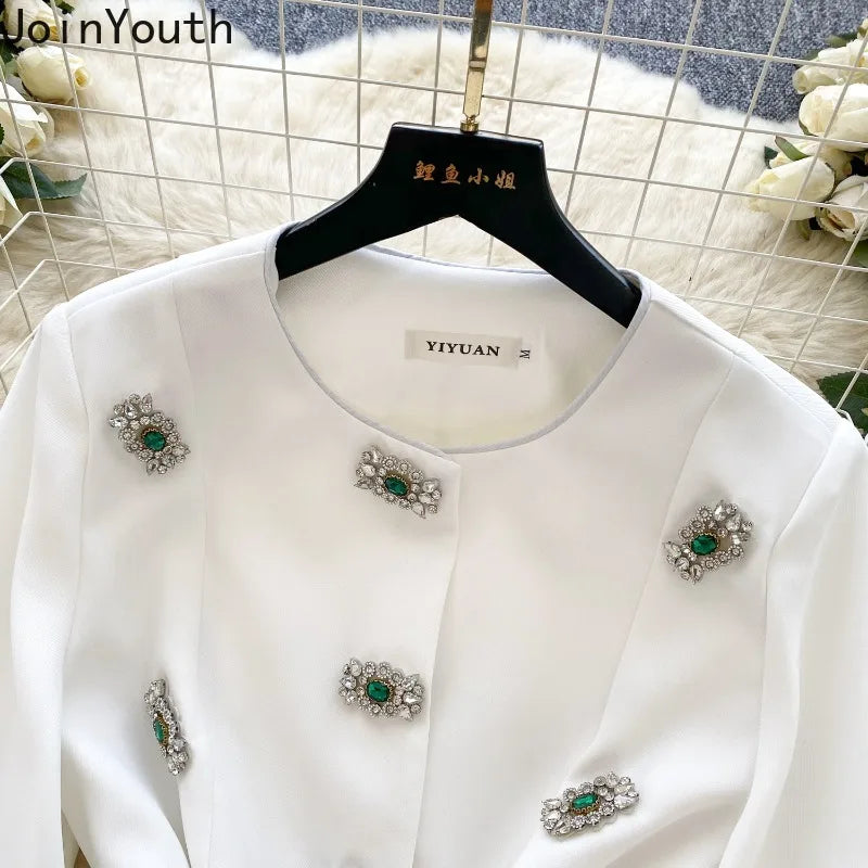 Women's Clothing Temperament Jackets Heavy Diamond O-neck Lantern Sleeve Coats Tops 2025 Ropa Mujer Slim Waist Chic Outerwear
