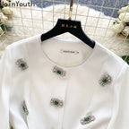 Women's Clothing Temperament Jackets Heavy Diamond O-neck Lantern Sleeve Coats Tops 2025 Ropa Mujer Slim Waist Chic Outerwear