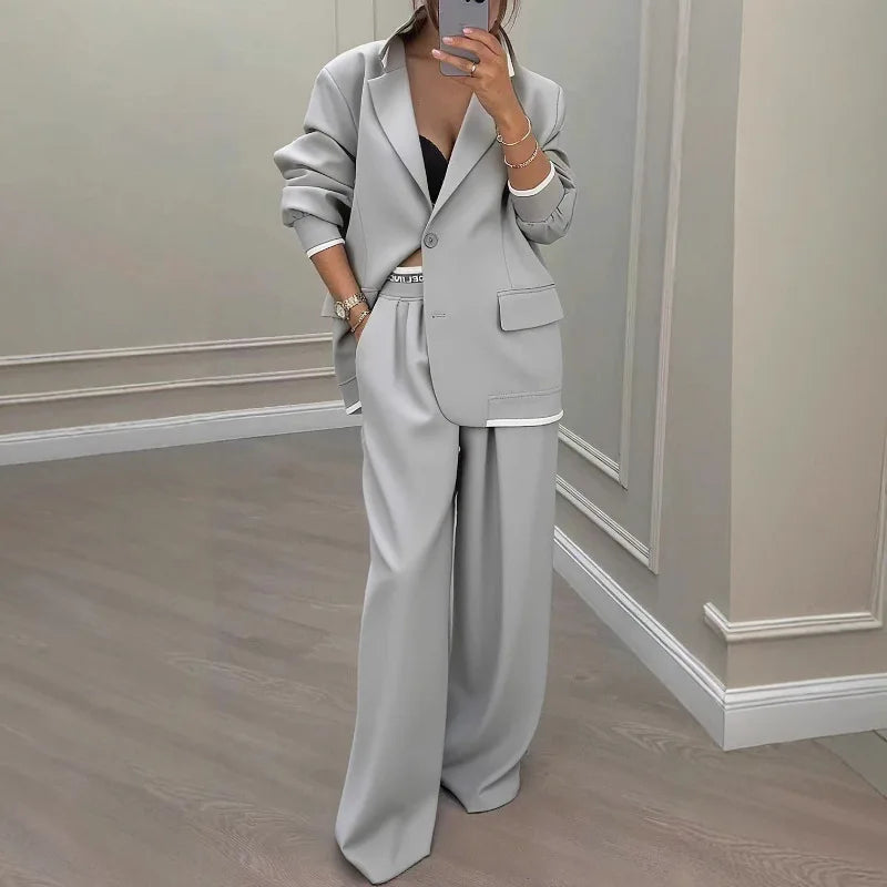 Elegant Long Sleeve Outerwear Wide Leg Pants Suit Set Fashionable Autumn Winter Women's Clothing Commute Style Polyester Fabric