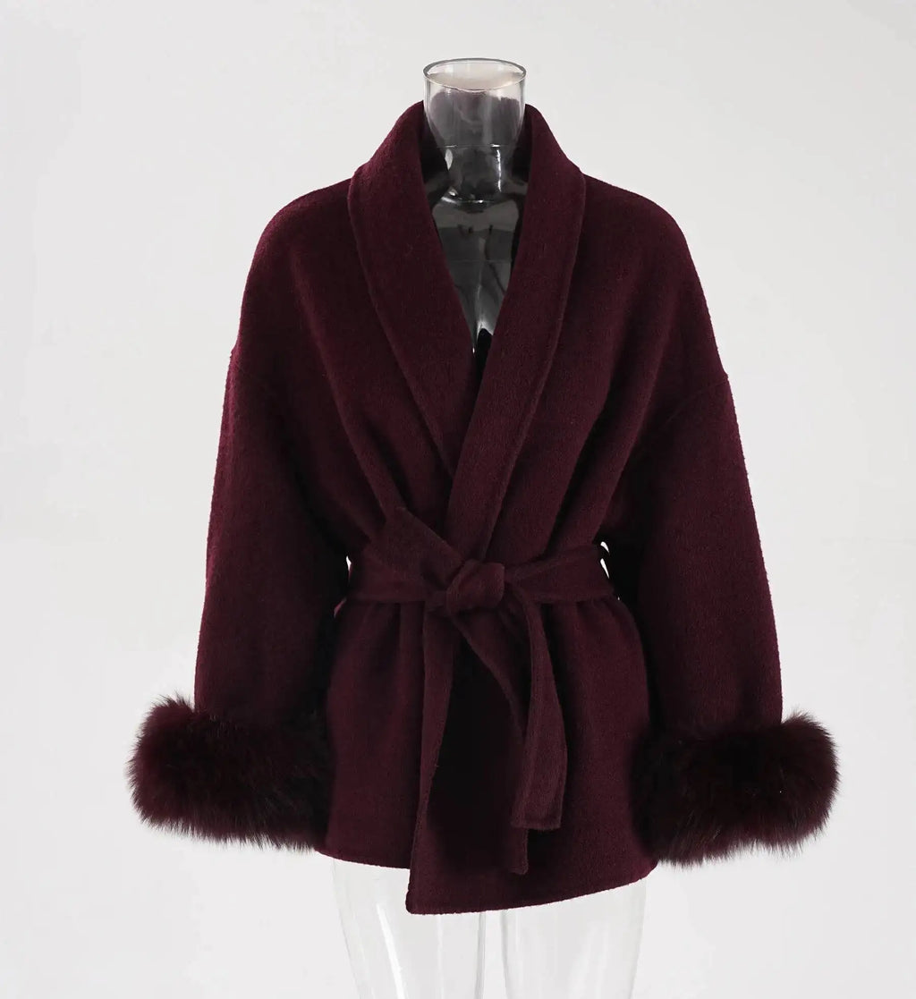 UCXQ Elegant OL Office Lady Overcoats Fur Patchwork Long Sleeve Woolen Coat Beautiful Women's Clothing Jacket Autumn 2025 Winter
