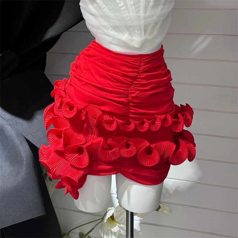 Summer Three-Dimensional Flower Skirt Sexy Asymmetrical Ruffled High Waist Pleated Hip Skirt Black Red White Women's Clothing