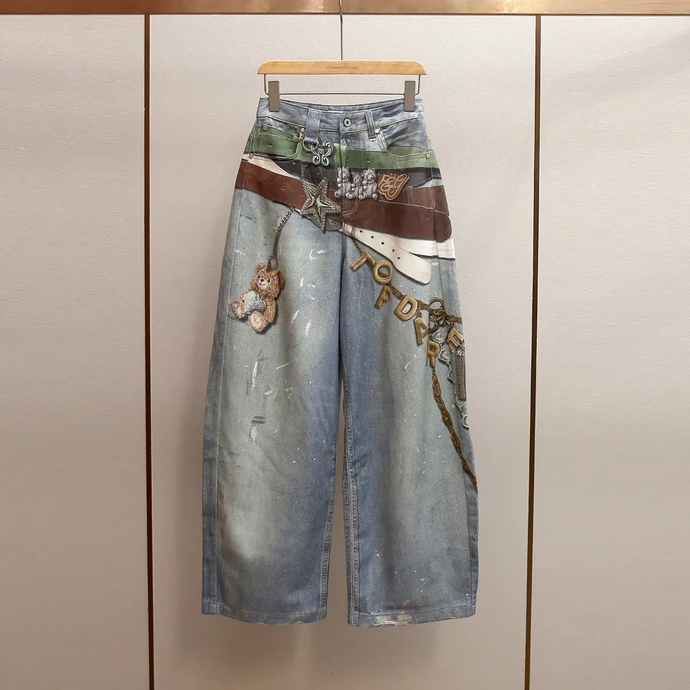 High-end women's clothing spring new locomotive style Spice Girl design sense printing A word high waist jeans women