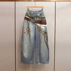 High-end women's clothing spring new locomotive style Spice Girl design sense printing A word high waist jeans women