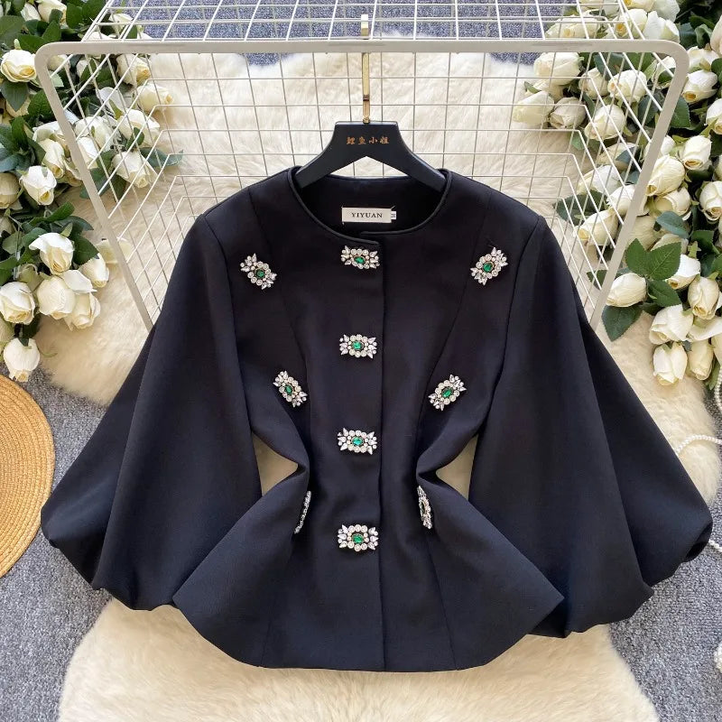 Women's Clothing Temperament Jackets Heavy Diamond O-neck Lantern Sleeve Coats Tops 2025 Ropa Mujer Slim Waist Chic Outerwear