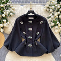 Women's Clothing Temperament Jackets Heavy Diamond O-neck Lantern Sleeve Coats Tops 2025 Ropa Mujer Slim Waist Chic Outerwear