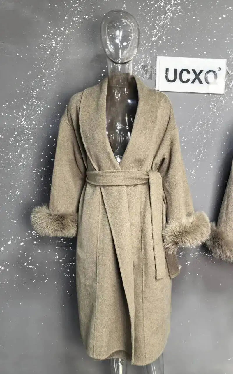UCXQ Elegant OL Office Lady Overcoats Fur Patchwork Long Sleeve Woolen Coat Beautiful Women's Clothing Jacket Autumn 2025 Winter