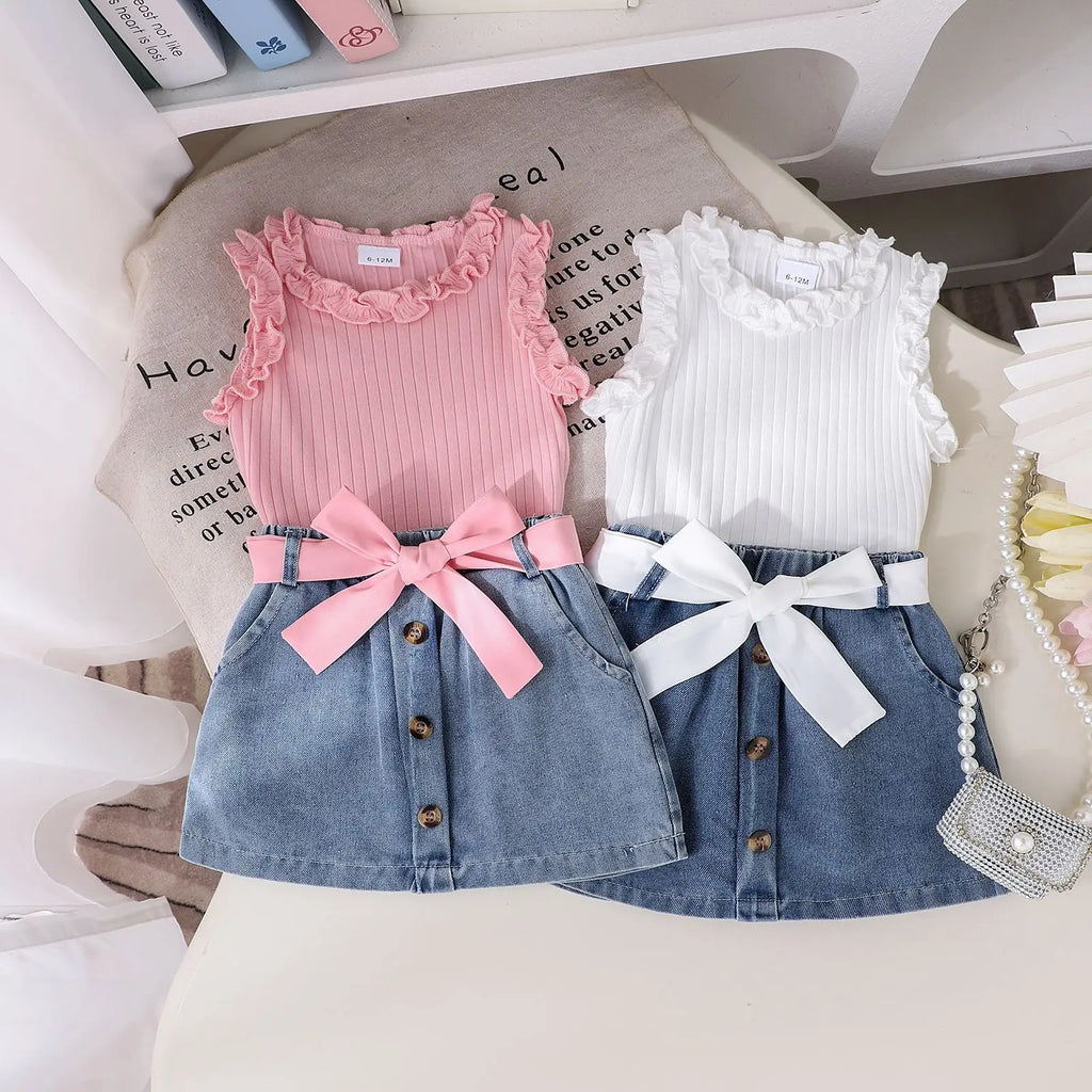 2026 Summer Korea Style Children's Clothing Sets Girls Casual Tops +Skirt Two Piece Kids Fashion Outfits Holiday Baby Clothing