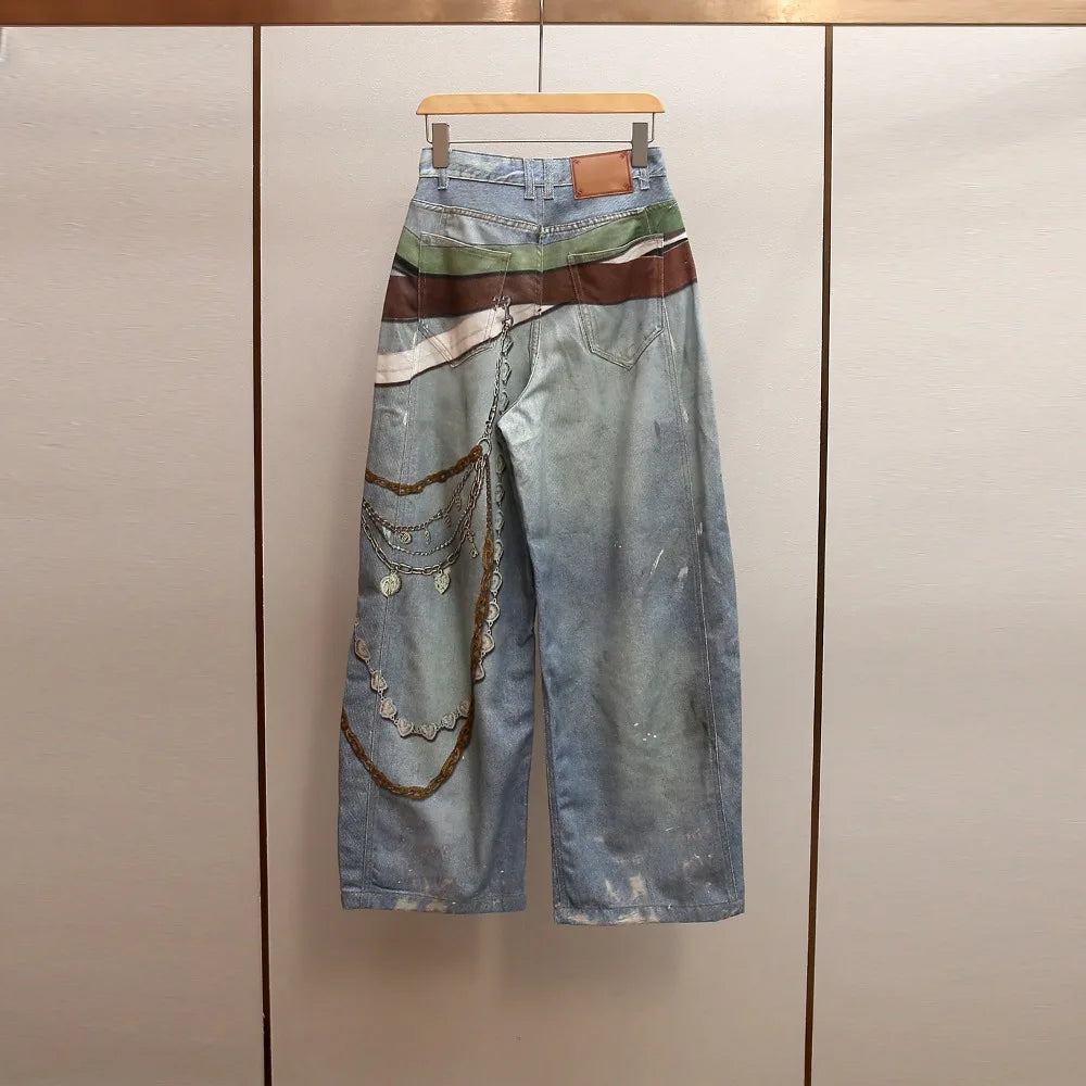 High-end women's clothing spring new locomotive style Spice Girl design sense printing A word high waist jeans women