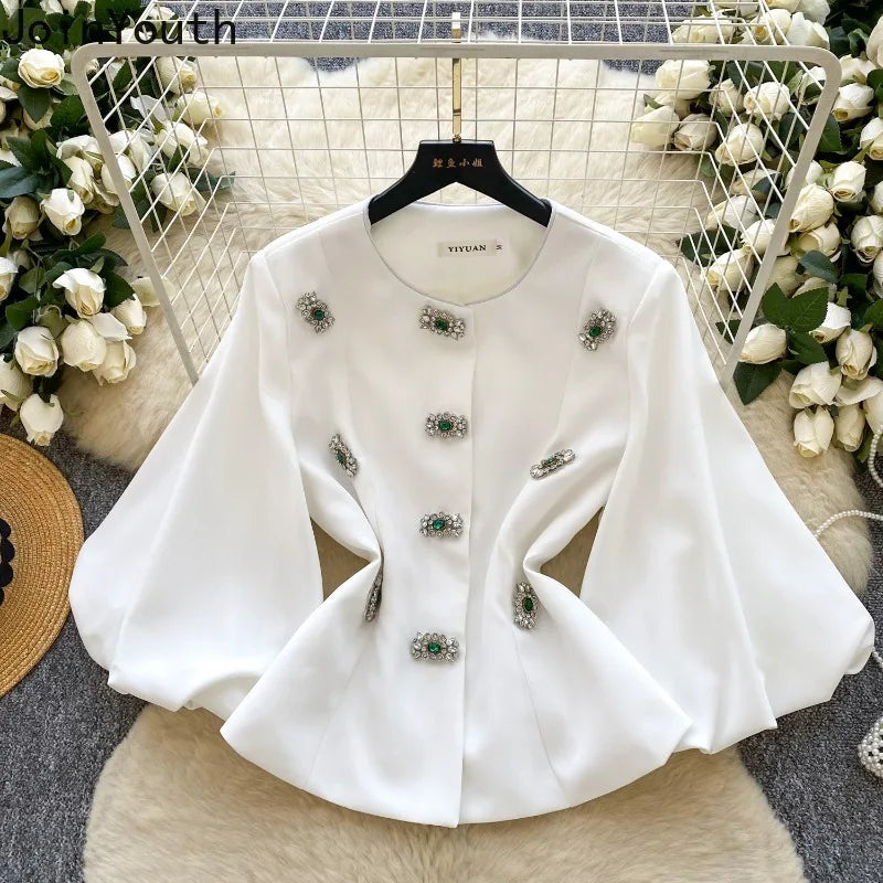 Women's Clothing Temperament Jackets Heavy Diamond O-neck Lantern Sleeve Coats Tops 2025 Ropa Mujer Slim Waist Chic Outerwear