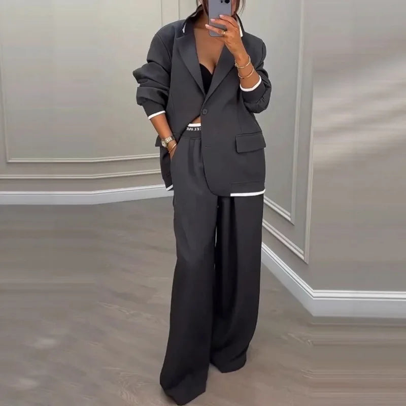 Elegant Long Sleeve Outerwear Wide Leg Pants Suit Set Fashionable Autumn Winter Women's Clothing Commute Style Polyester Fabric
